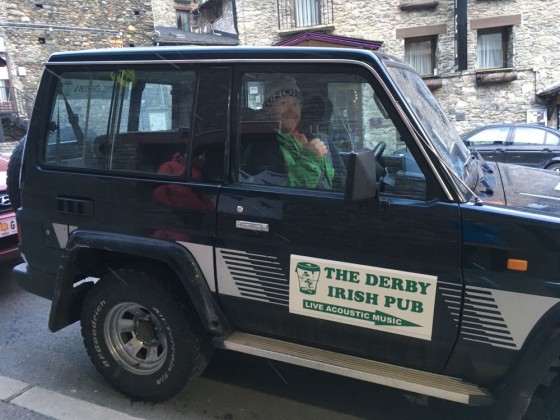 Garlick from the Derby Irish Pub driving around Arinsal