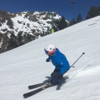 Skiing down L'Hortell red slope