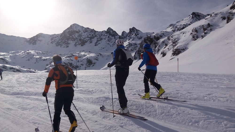 Mountain skiers heading up for the Font Blanca 2017 ISMF World Cup