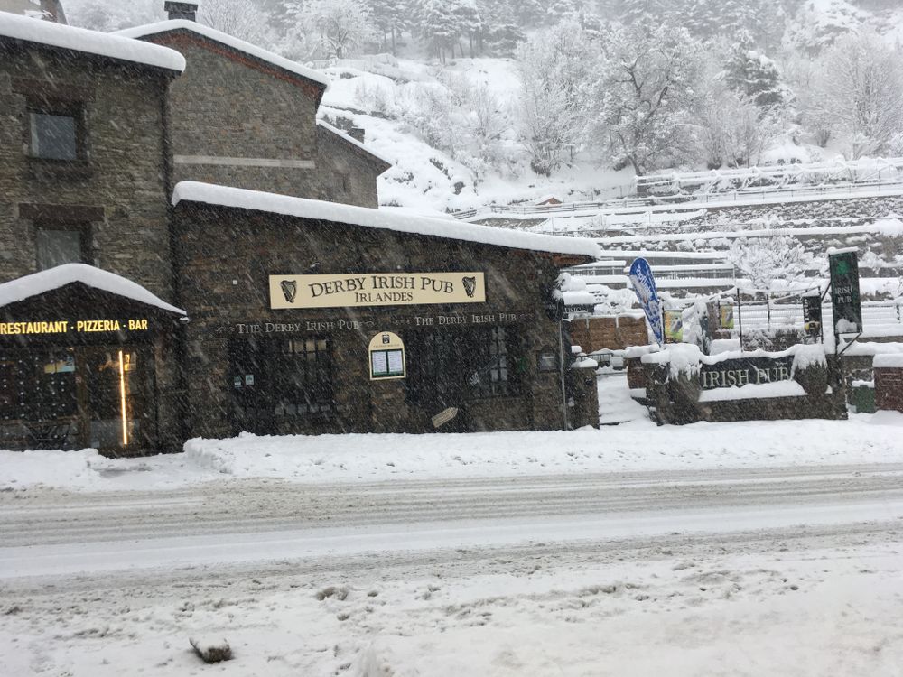 The Derby Irish Pub under the snowfall