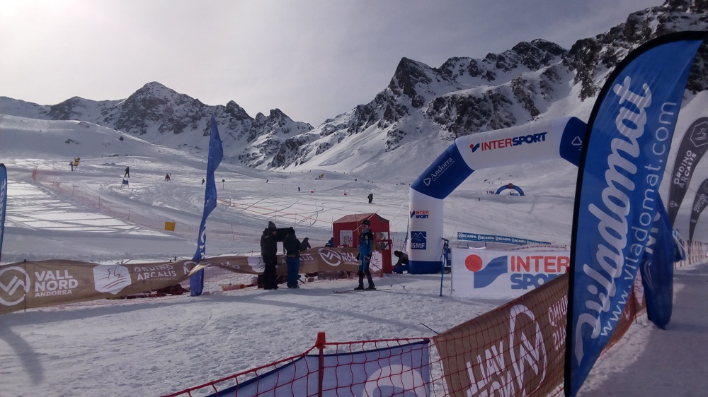 Skier crossing the finish line of the Font Blanca ISMF World Cup